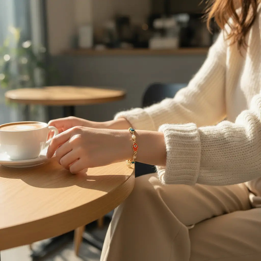 Woman in a cozy cream sweater enjoying a cappuccino at a sunlit cafΓ©, wrist adorned with the delicate Rainbow Evil Eye Charm Bracelet | Oria Jewel