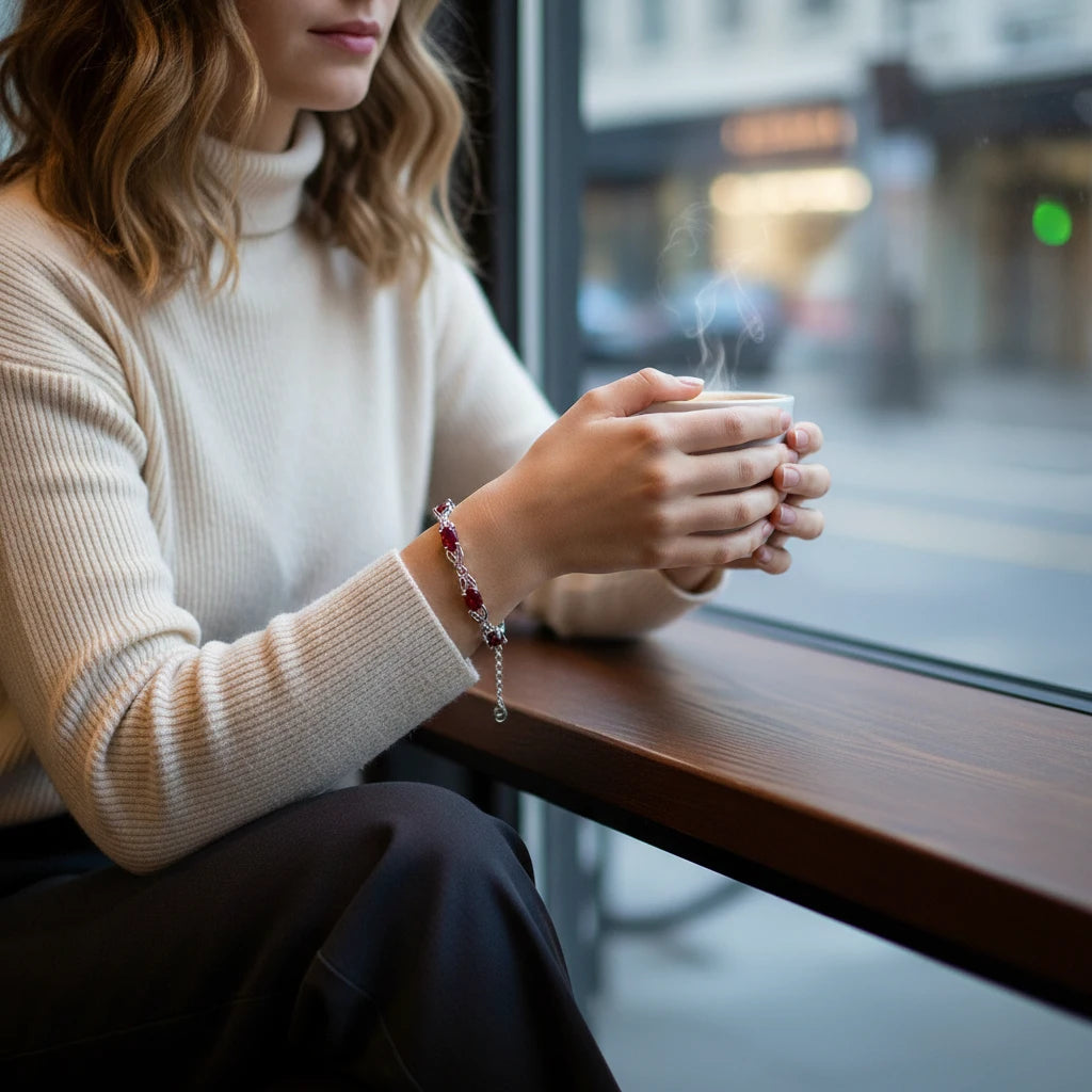Woman in a cozy cream turtleneck sweater sitting by a cafΓ© window, hands wrapped around a warm cup while the Red Crystal Silver Tennis Bracelet with deep red stones sparkles elegantly on her wrist | Oria Jewel
