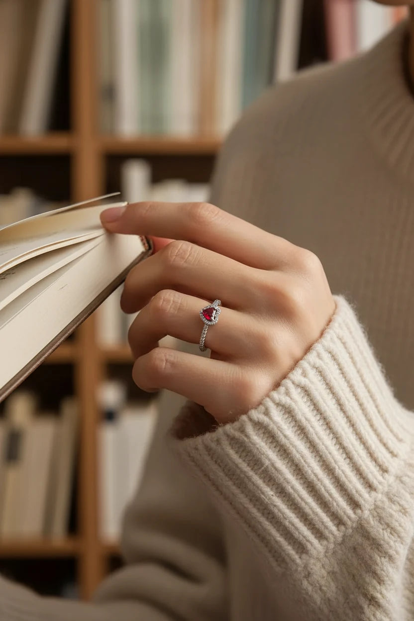 Woman holding an open book while wearing a red heart halo ring, Red Heart Halo CZ Ring | OriaJewel
