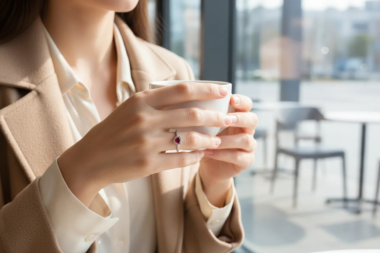 Hands holding a white coffee cup with a sparkling heart halo ring, Red Heart Halo CZ Ring | OriaJewel