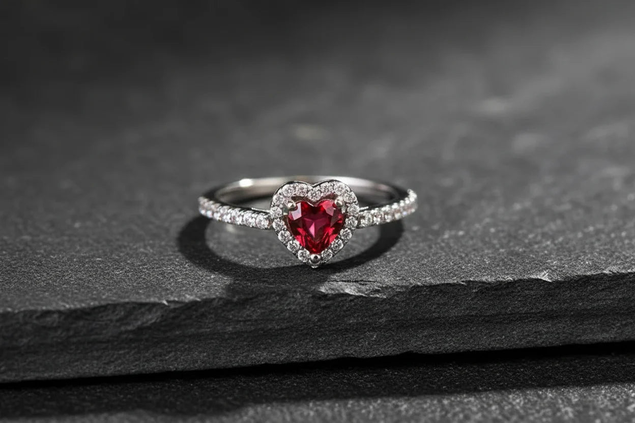 Close-up product shot on dark stone surface, Red Heart Halo CZ Ring | OriaJewel