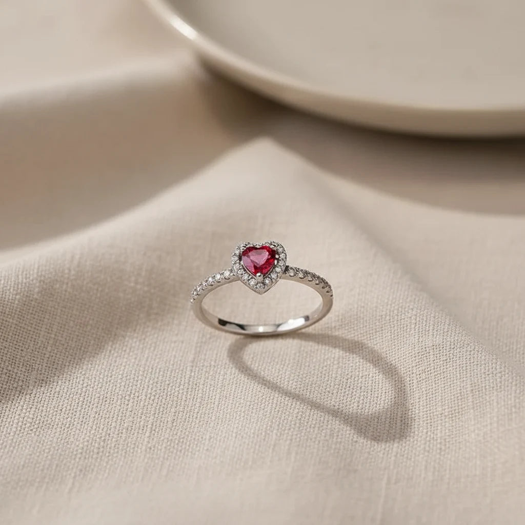 Ring standing on soft fabric with clean shadow, Red Heart Halo CZ Ring | OriaJewel