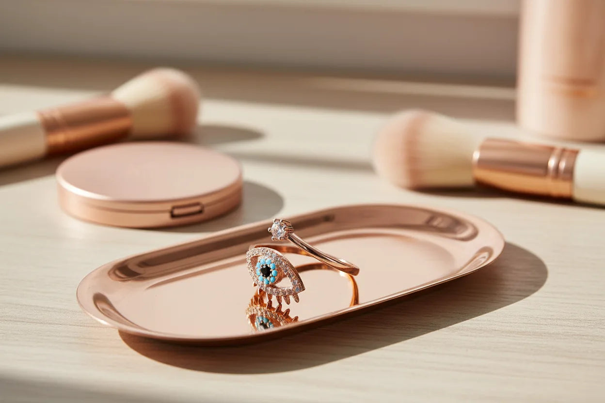 Rose Gold Evil Eye Ring displayed on a rose-gold tray with blurred makeup brushes and a compact in the background, warm morning light reflecting on the metal and stones | OriaJewel