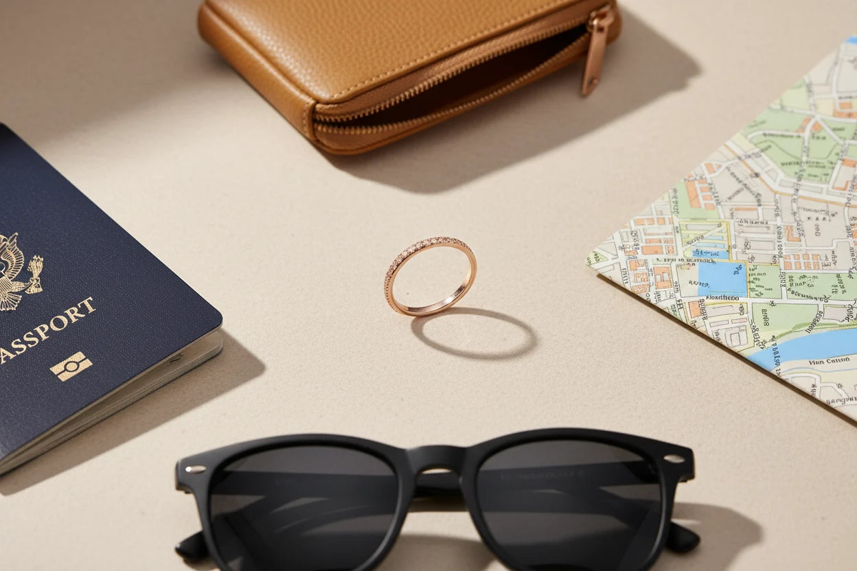 Rose Midi Ring Set rose-gold pavé band standing on travel flat lay with passport, map, wallet, and sunglasses | OriaJewel