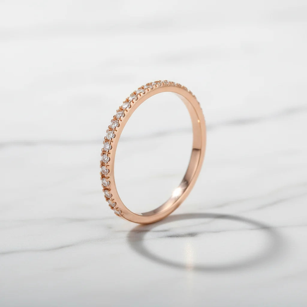 Rose Midi Ring Set rose-gold pavé band standing on white marble surface, side view highlighting sparkle and clean shadow | OriaJewel