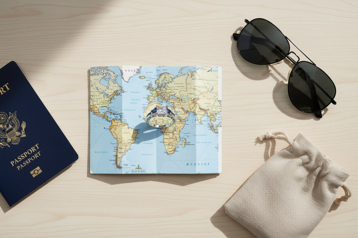 Royal Blue Princess Cut Ring travel-inspired flat-lay on a world map with a passport, sunglasses, and drawstring pouch, featuring the princess-cut centerpiece and royal blue stones catching natural light | OriaJewel