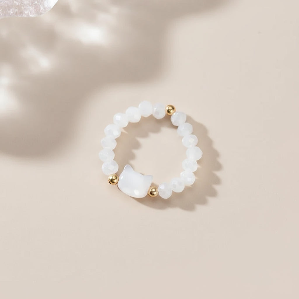 Cat Charm Ring with a white cat face and beads, perfect for cat lovers and stylish accessories | Oria Jewel