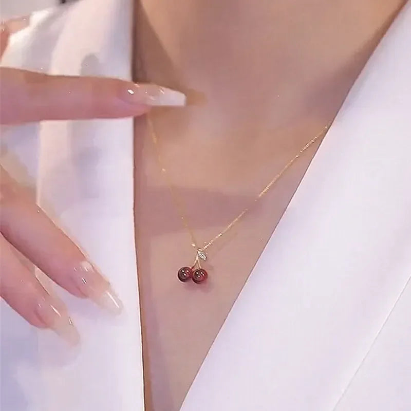 Little Wine Red Cherry Pendant Necklaces For Women Fashion Personality Fruit Golden Chain Necklace Party Jewelry Birthday Gifts - Oria Jewel