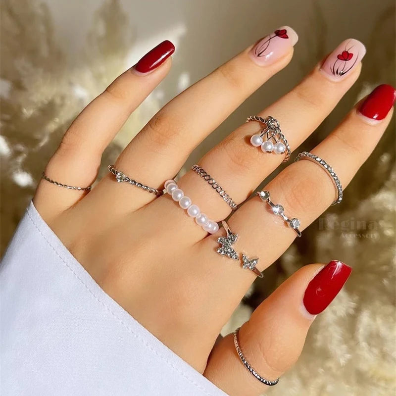 Bohemian Butterfly Pearl Rings Set for Women Shine Pearl Gothic Vintage Plated Retro Rhinestone Simple Finger Jewelry Gift - Oria Jewel