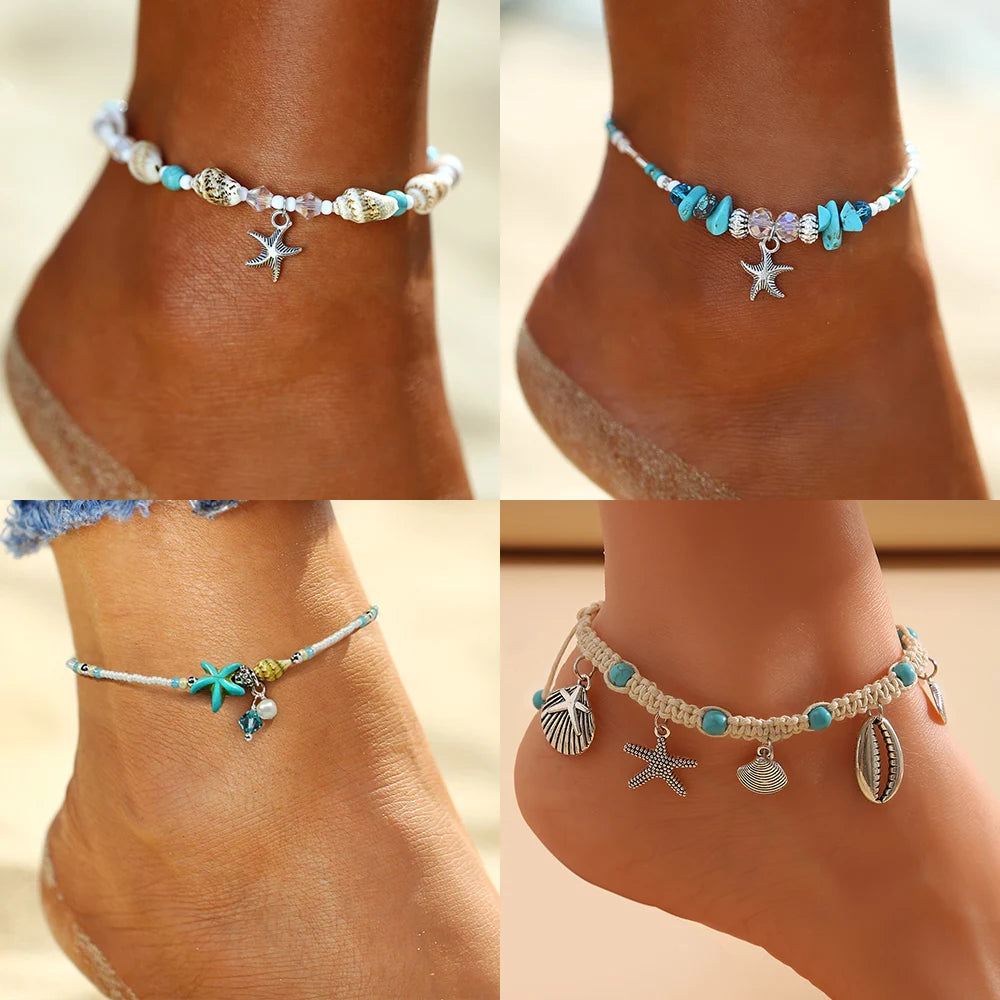 woman wearing Stylish Starfish Anklet at the beach with barefoot style | Oria Jewel