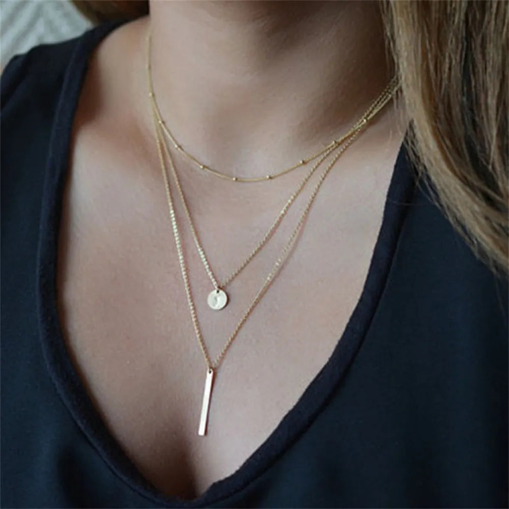 Vintage Layered Metal Bar Pendant Necklace for Women Daily Wear Gold Color Reactangle Clavicle Chain Collarbone Necklace Jewelry - Oria Jewel