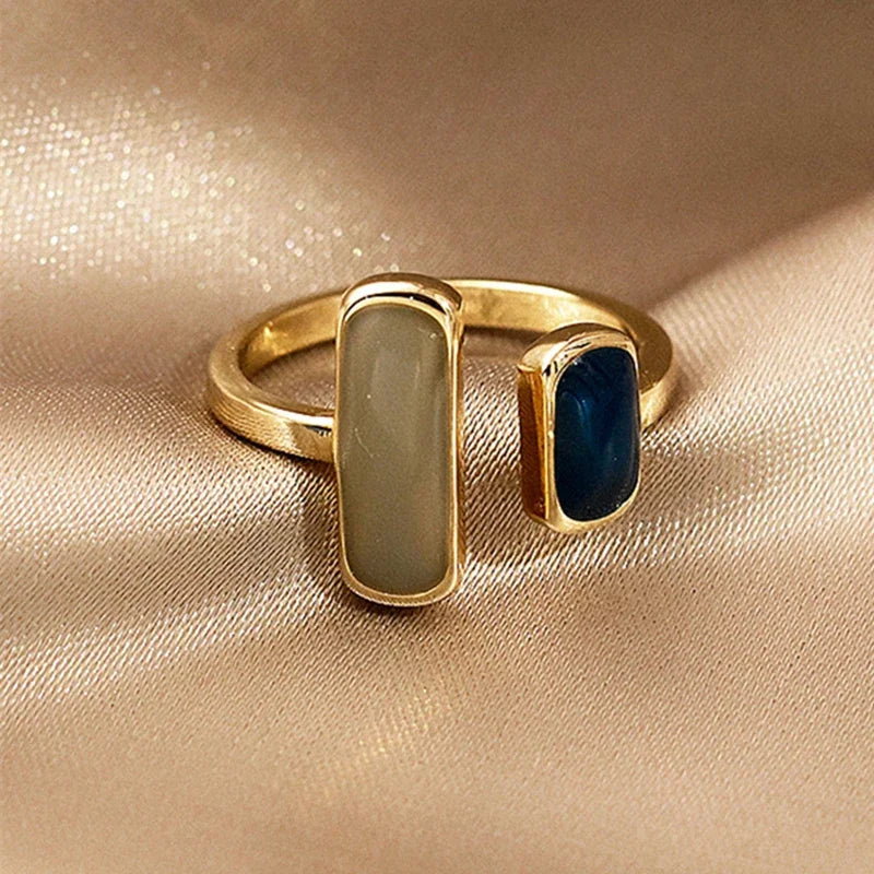 Gold-toned Dual Gemstone Adjustable Ring, rectangular sage and navy stones, shimmering fabric | Oria Jewel