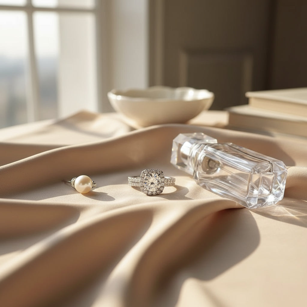 Crystal Radiance Double Band Ring displayed with a pearl ring and a perfume bottle on a soft fabric background | Oria Jewel