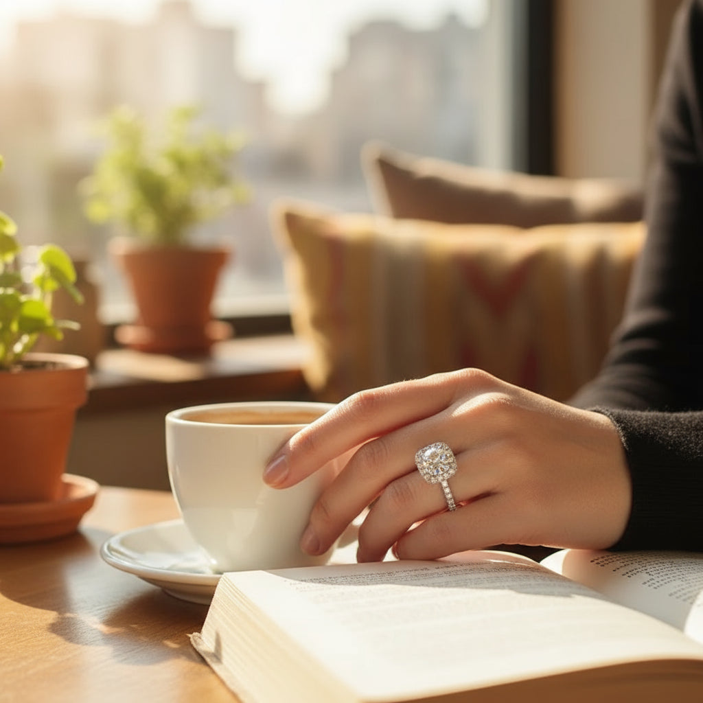 A close-up of a hand wearing a Crystal Radiance Double Band Ring, holding a coffee cup near an open book | Oria Jewel