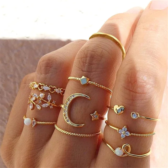 Bohemian Butterfly Pearl Rings Set for Women Shine Pearl Gothic Vintage Plated Retro Rhinestone Simple Finger Jewelry Gift - Oria Jewel
