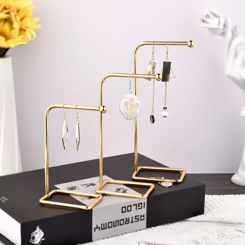 stainless Metal earring holder stand styled on vanity dresser with jewelry | Oria Jewel
