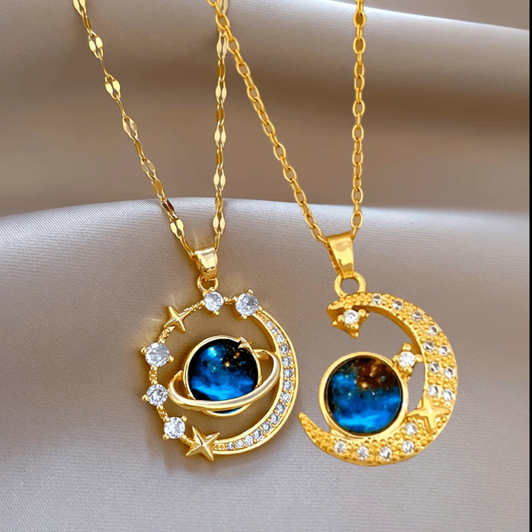 cute matching couples necklaces glowing under warm light | Oria Jewel
