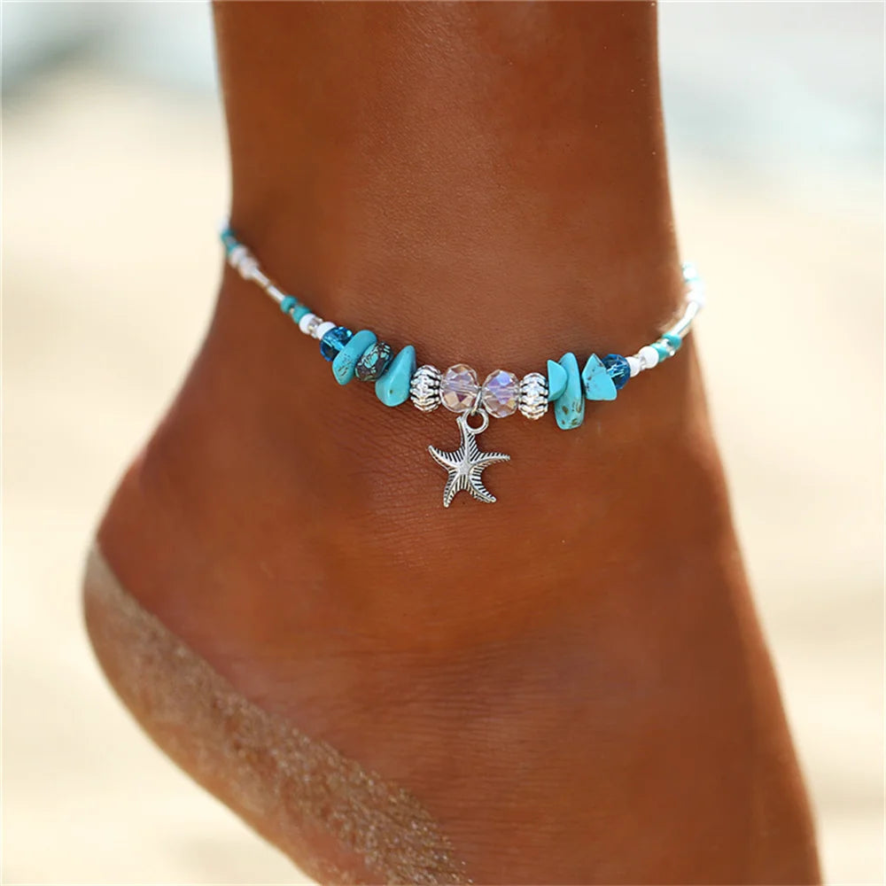adjustable Stylish Starfish Anklet styled on ankle with sandals | Oria Jewel