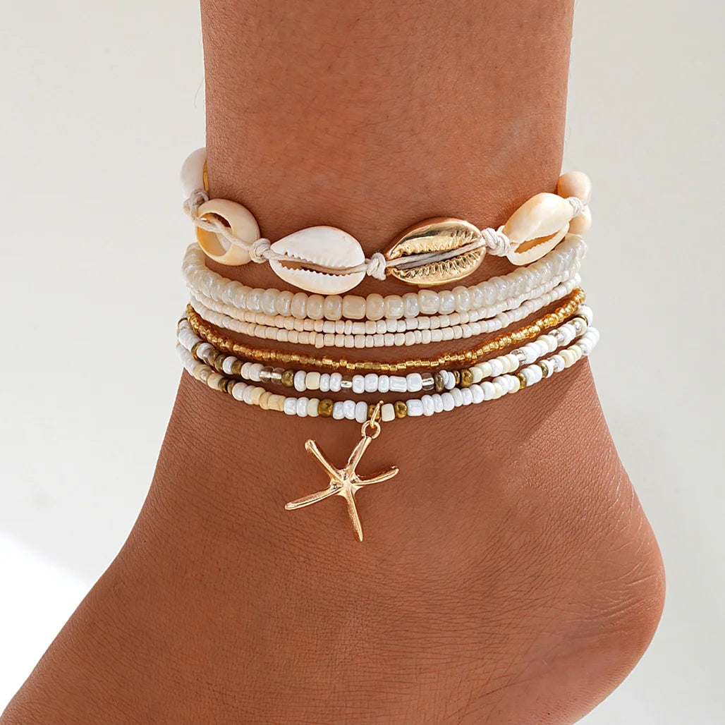 Gift pouch with Bohemian Starfish Anklet Set displayed for everyday wear | Oria Jewel