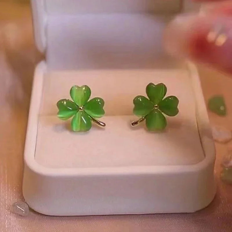 Shimmering green Leaf Clover pretty studs in a white presentation box | Oria Jewel