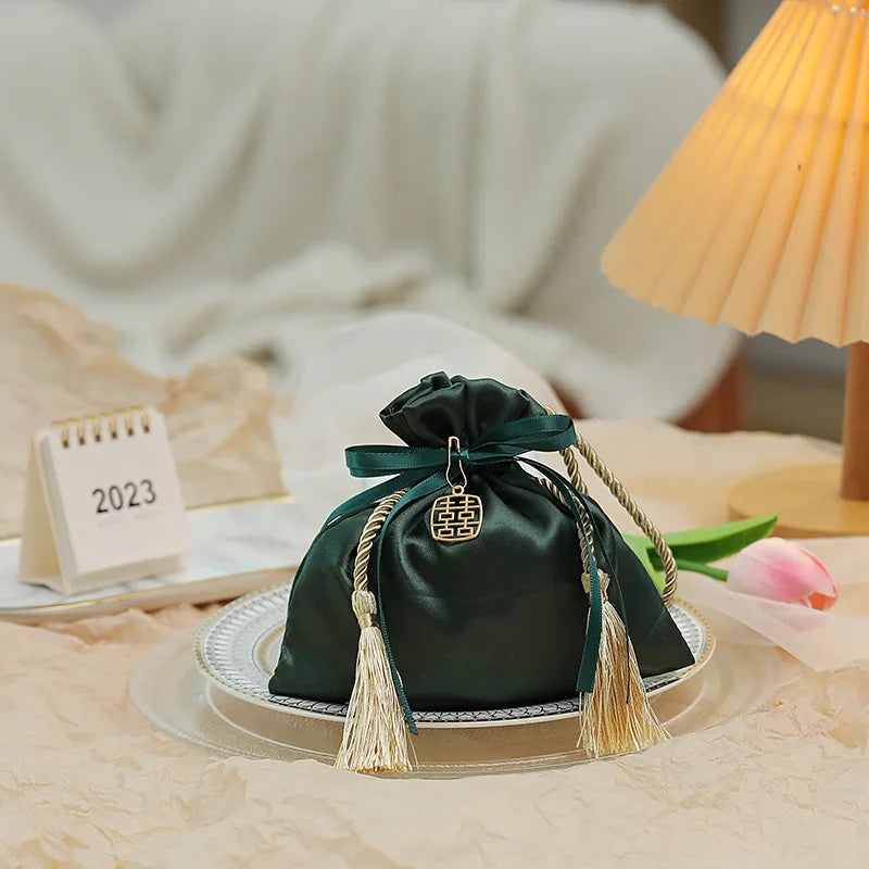 Green Satin Tassel Jewelry Pouch
