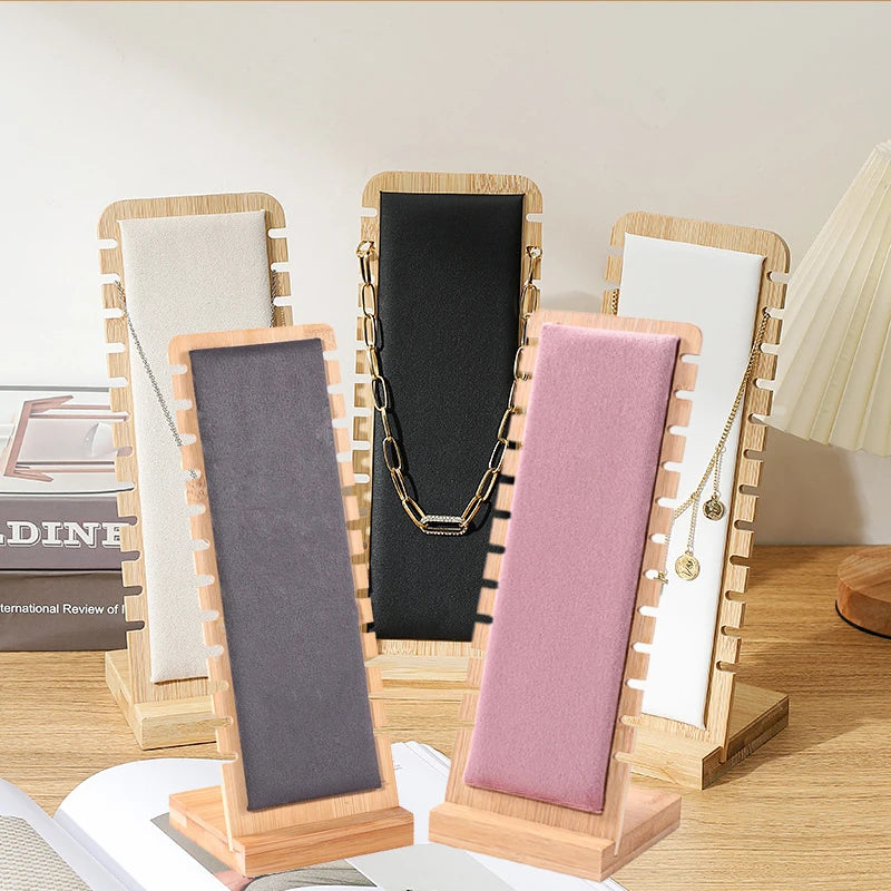 Wooden Necklace Holder Display showcasing multiple colors and styles, perfect for organizing jewelry elegantly.