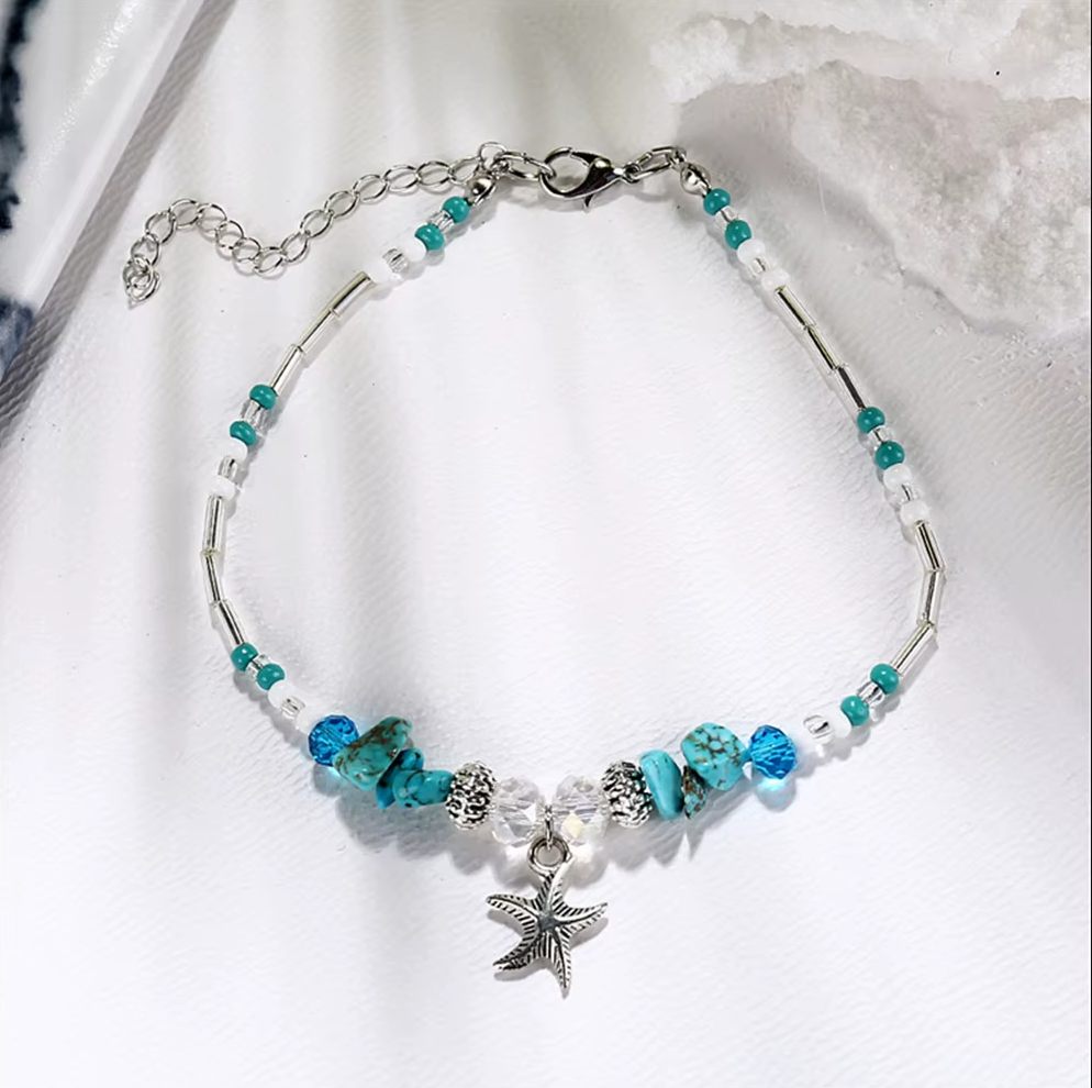 layered look featuring stainless Stylish Starfish Anklet with casual summer outfit | Oria Jewel