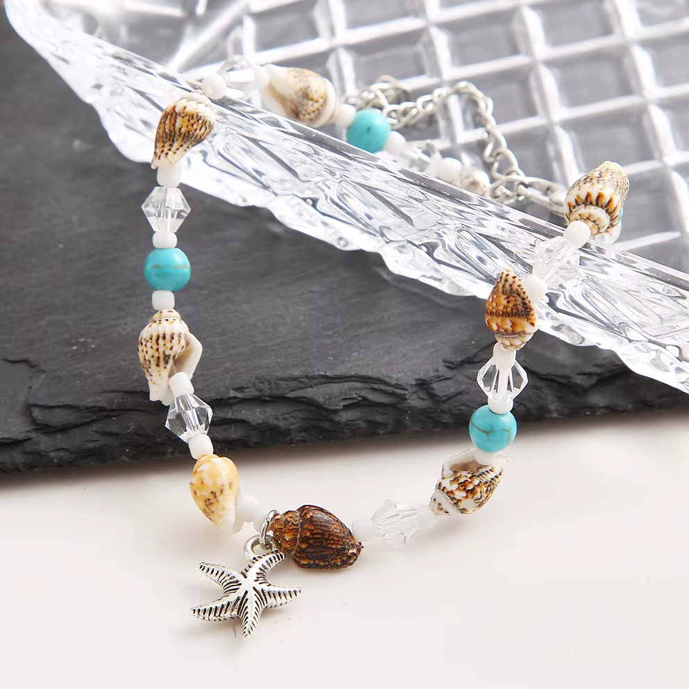 adjustable Stylish Starfish Anklet styled on ankle with sandals | Oria Jewel