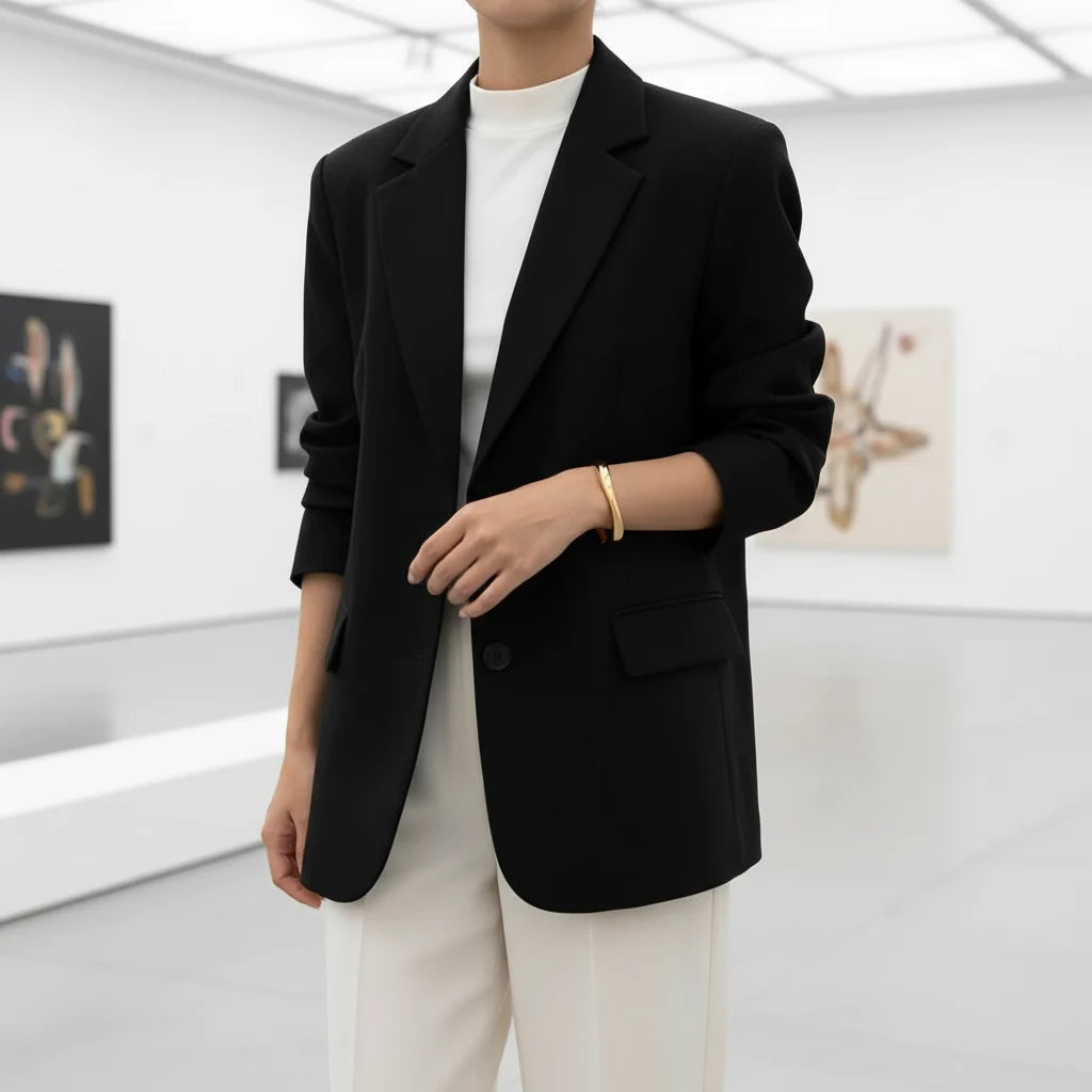 Woman in a tailored black blazer and ivory trousers touring a modern art gallery, styling the Sculpted Curve Gold Bangle as a sleek statement on her wrist | Oria Jewel