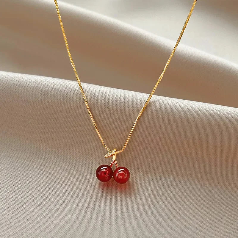 Little Wine Red Cherry Pendant Necklaces For Women Fashion Personality Fruit Golden Chain Necklace Party Jewelry Birthday Gifts - Oria Jewel