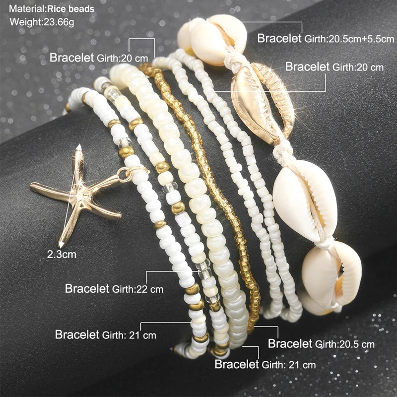 Adjustable Bohemian Starfish Anklet Set in silver and metal finish jewelry close-up | Oria Jewel