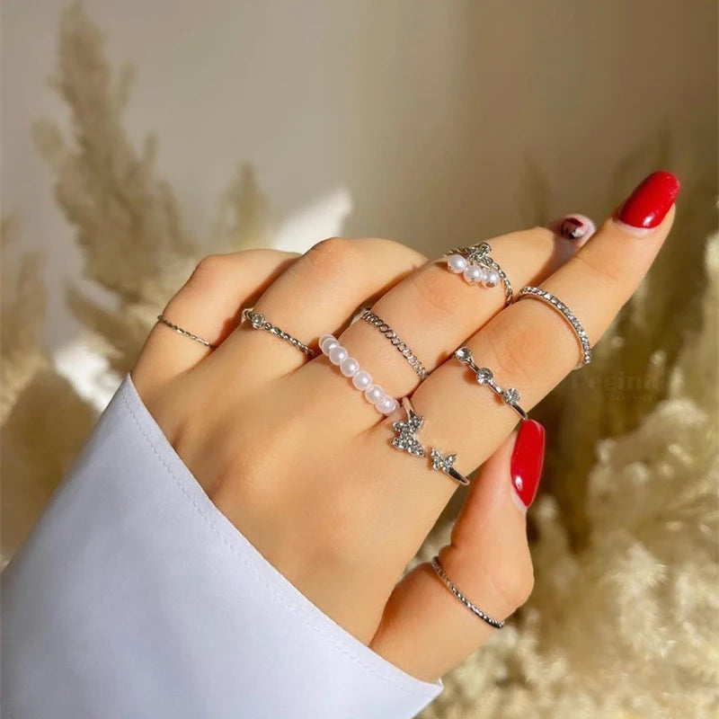Bohemian Butterfly Pearl Rings Set for Women Shine Pearl Gothic Vintage Plated Retro Rhinestone Simple Finger Jewelry Gift - Oria Jewel