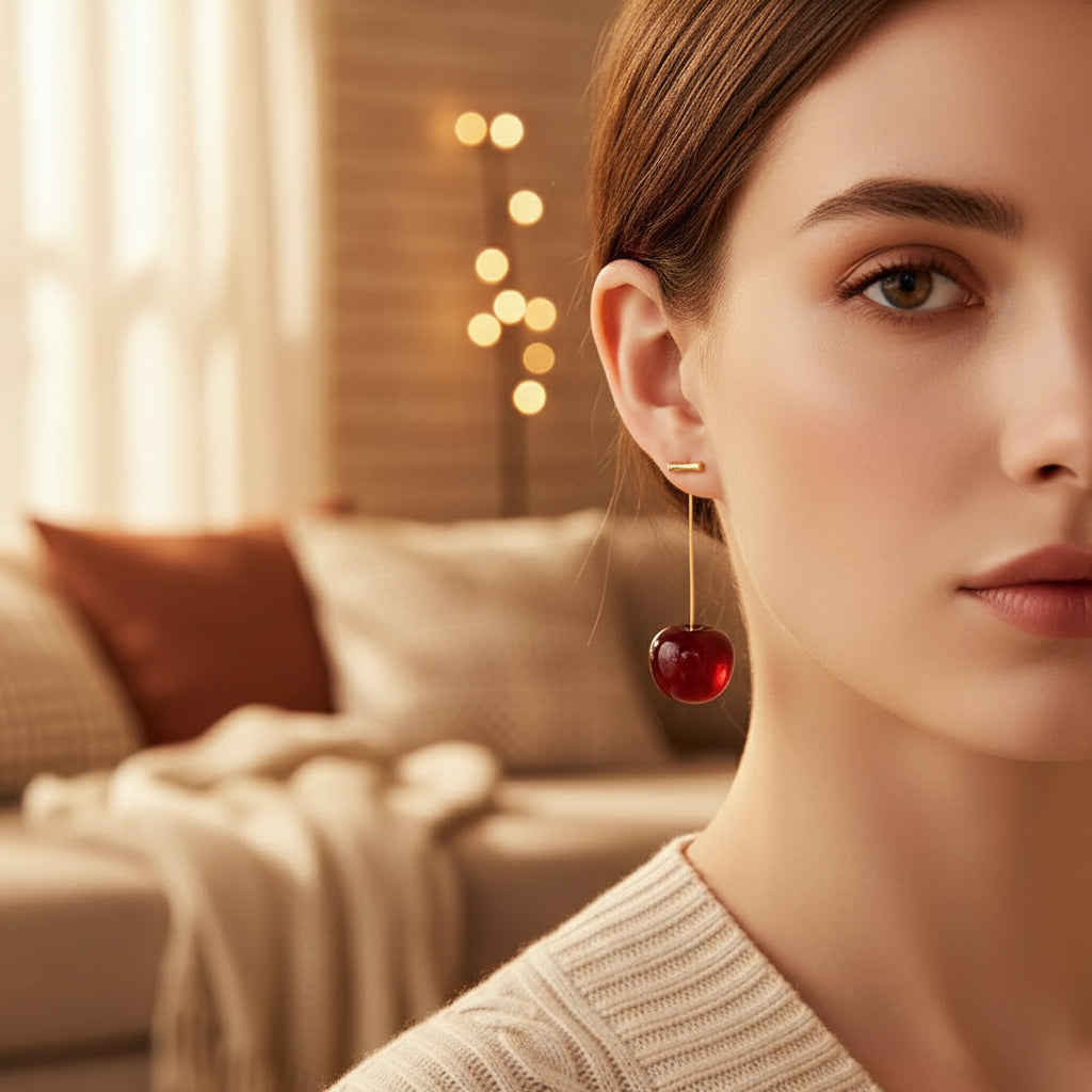Woman wearing elegant gold cherry drop earrings with glossy red cherries, warm light | Oria Jewel