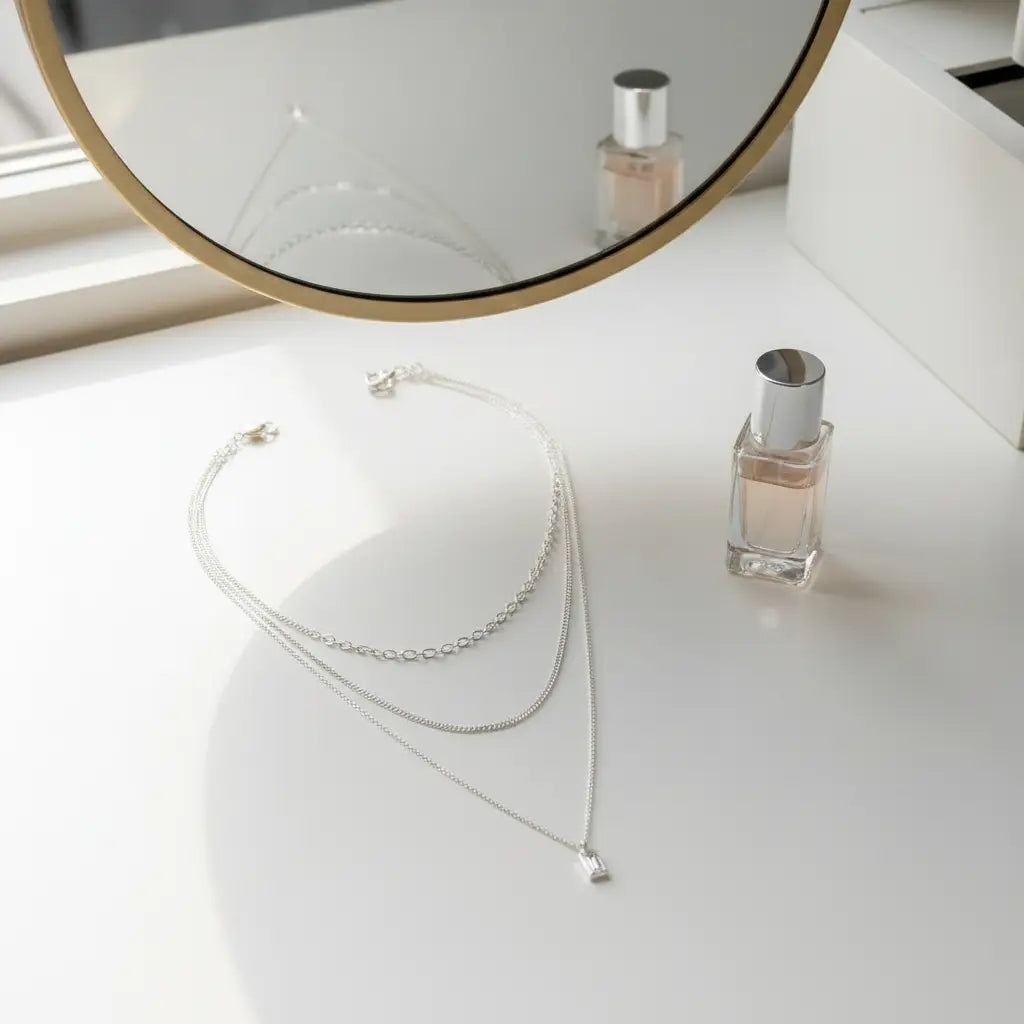 Flat lay of Silver A Initial Layered Necklace beside round mirror and perfume bottle on white vanity surface | Oria Jewel