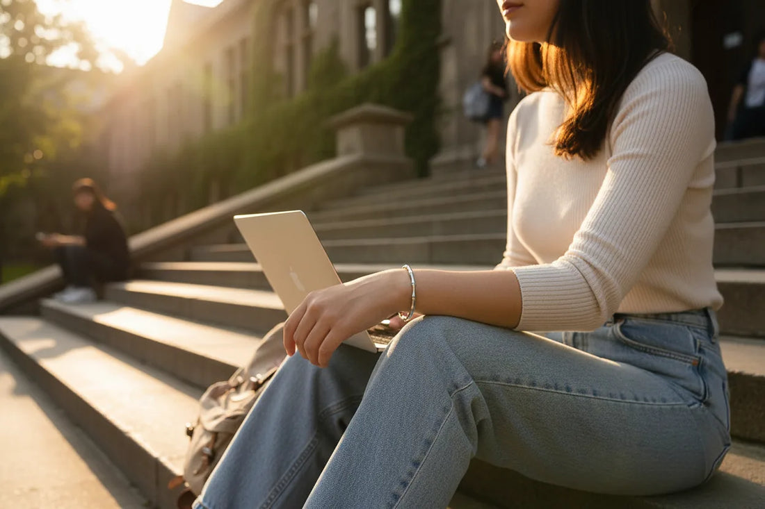 Woman working on a laptop on outdoor steps at sunset, her wrist adorned with a slim Silver Bamboo bangle Bracelet that complements her jeans and light sweater | Oria Jewel