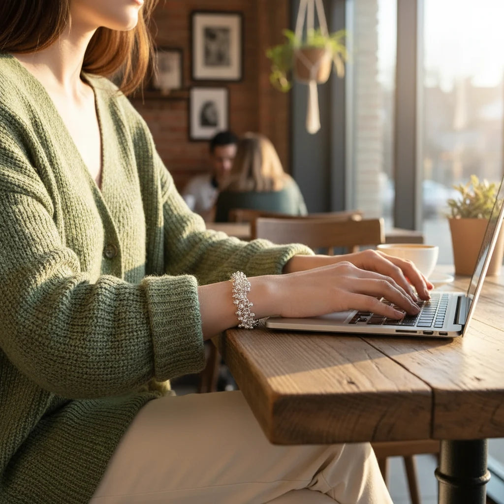 Silver Beaded Cluster Bracelet worn on a womanβs wrist while she types on a laptop in a cozy cafΓ©, paired with a green cardigan and neutral trousers for a chic everyday look | Oria Jewel