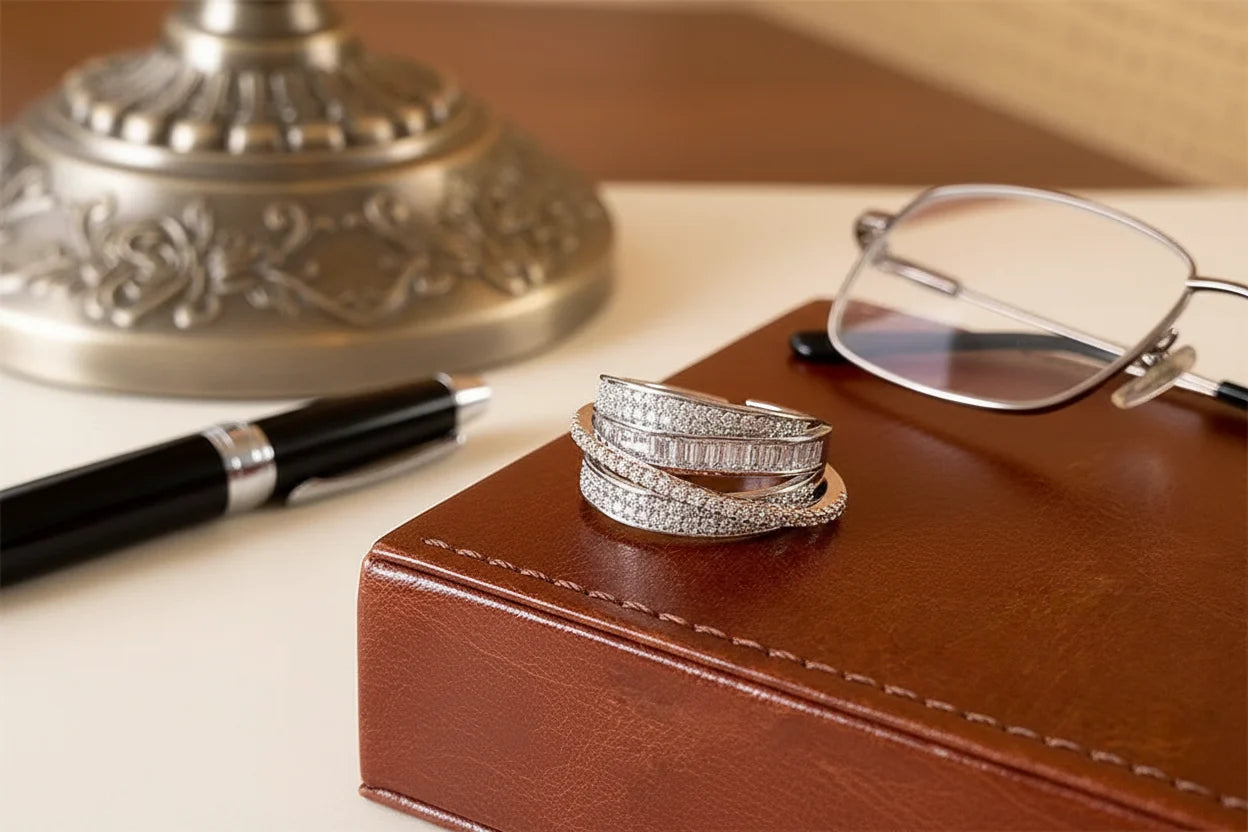 Silver CZ Wrap Ring resting on a brown leather notebook with glasses and pen nearby, office-style flat lay showing the layered wrap build and CZ brilliance | OriaJewel