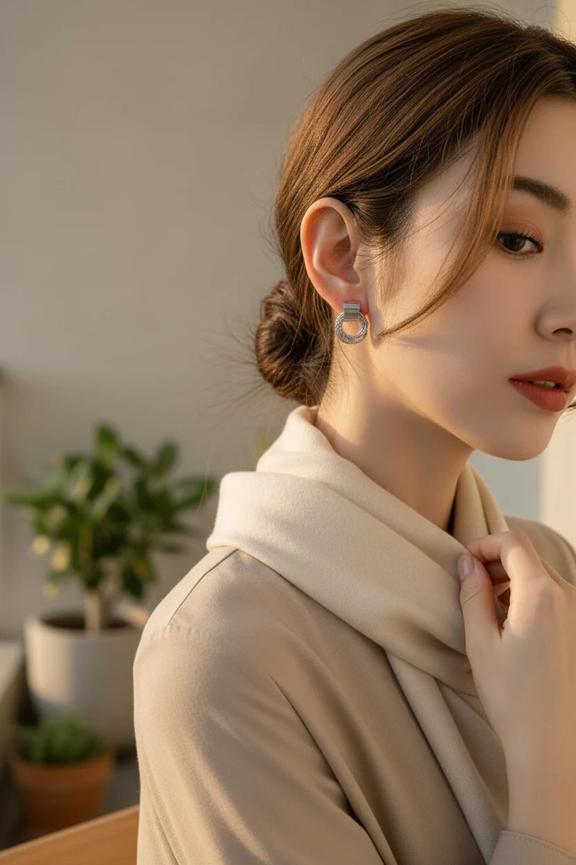 Silver Circle Drop Stud Earrings worn on model with soft scarf | OriaJewel