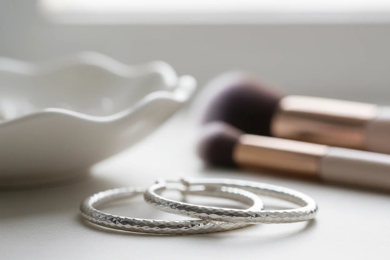 Silver Classic Hoop Earrings close-up with textured finish | OriaJewel