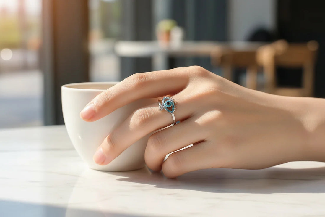 Close-up hand holding a white cup in natural cafΓ© light, Silver Evil Eye Ring highlighted with its sparkling pavΓ© eye and open adjustable band | OriaJewel