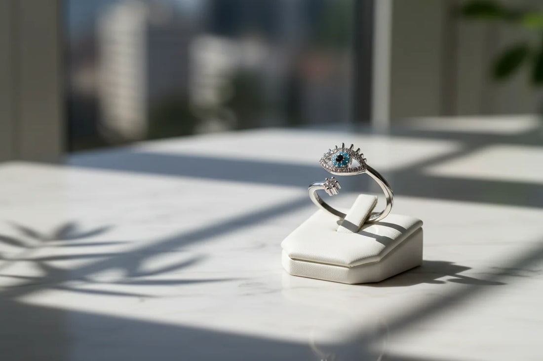 Silver Evil Eye Ring displayed on a small jewelry box in bright natural light, soft leaf shadows and a clean marble surface emphasizing the premium shine | OriaJewel