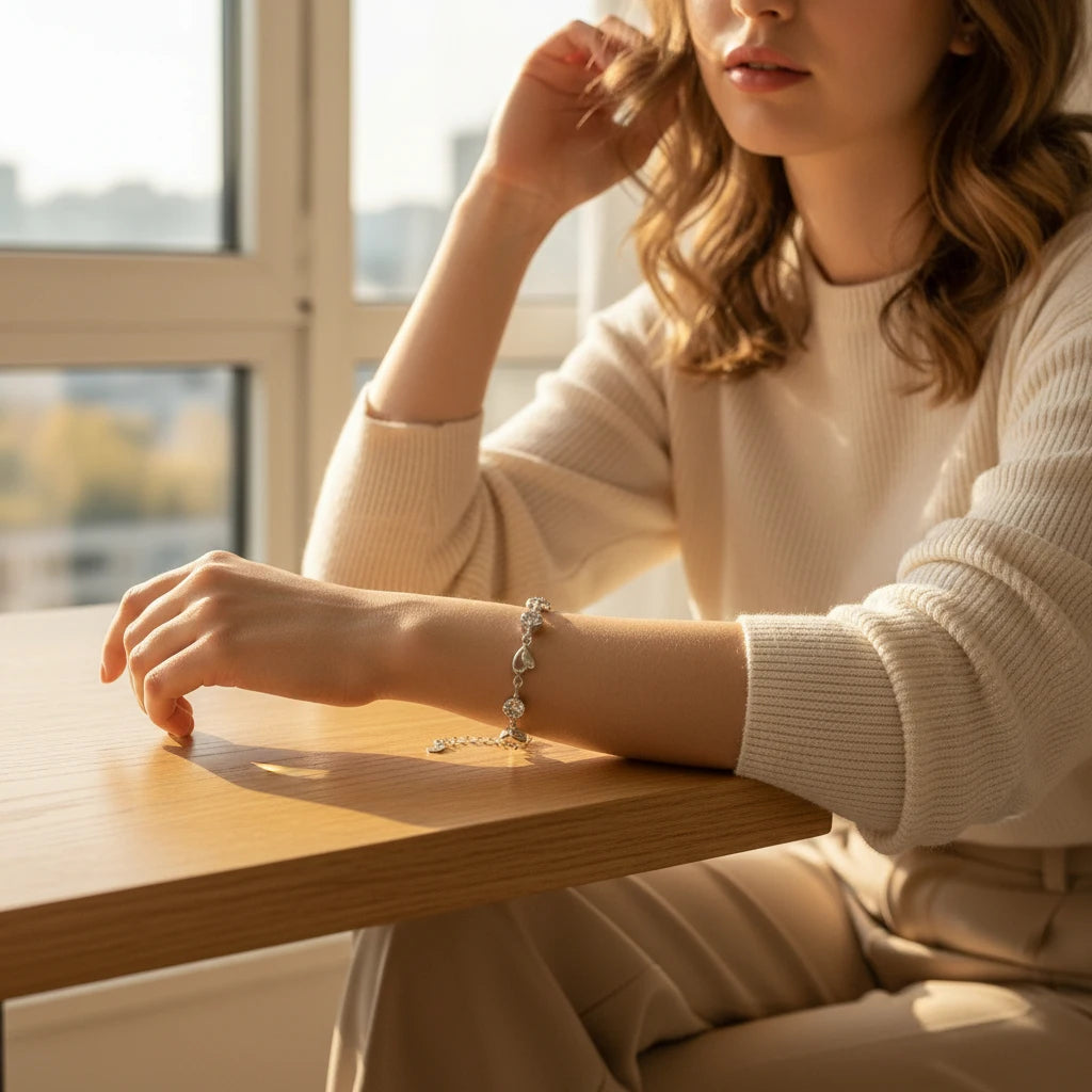 Cozy daytime scene of a woman in a cream sweater sitting by a bright window, her wrist adorned with a delicate Silver Heart Crystal Tennis Bracelet that sparkles softly against her neutral outfit as she rests her arm on a wooden table | Oria Jewel