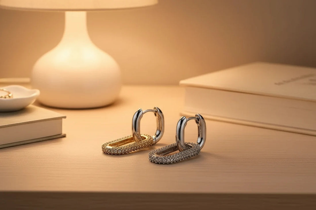 Silver Link Drop Earrings with pavé oval link drops on warm desk flat lay | OriaJewel