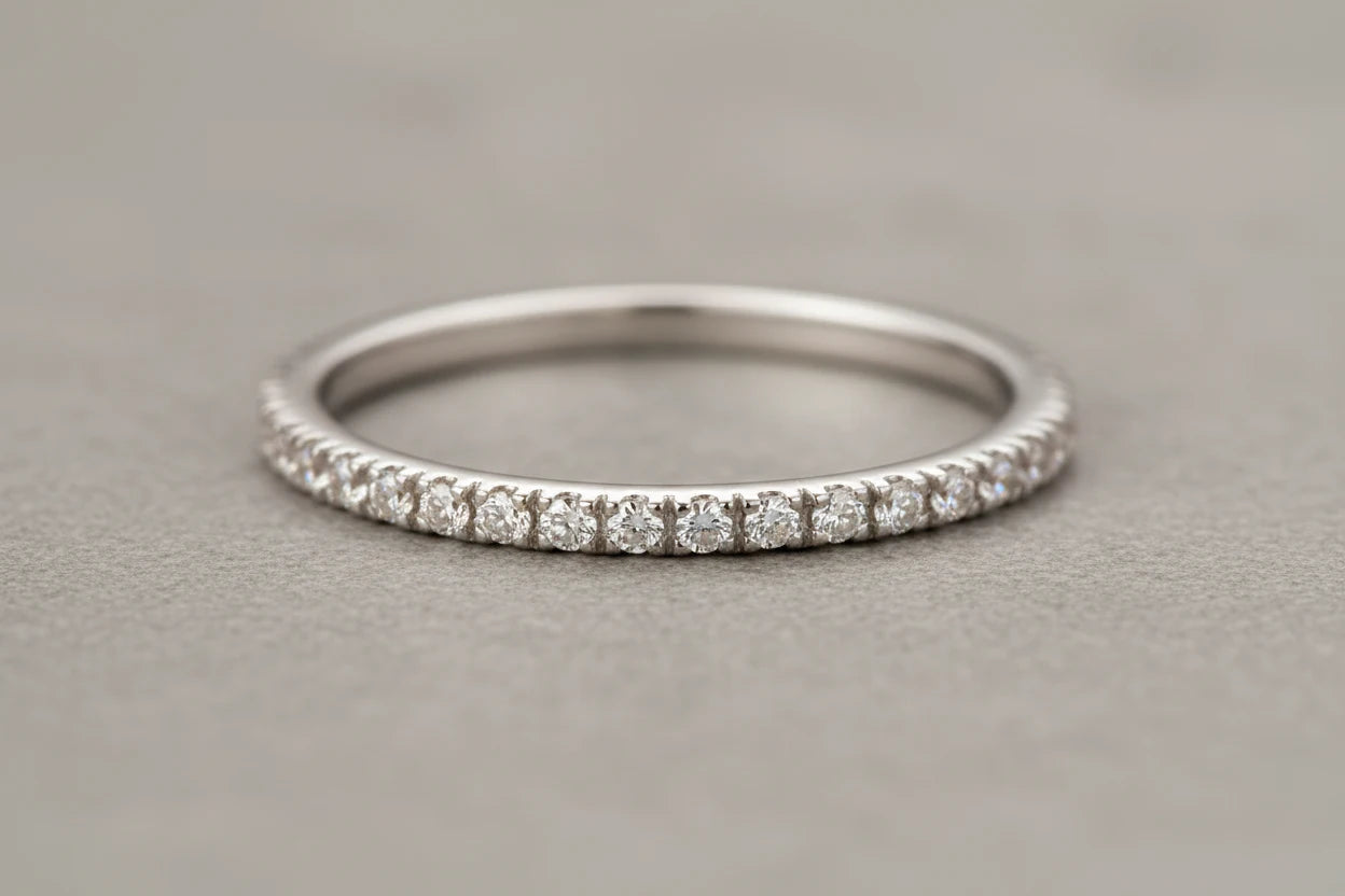 Silver Midi Ring Set macro close-up showing the slim band and closely set clear stones on a neutral gray background | OriaJewel