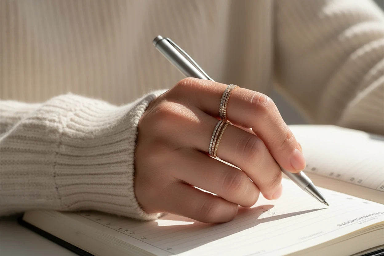 Silver Midi Ring Set stacked on fingers while writing in a planner, close-up shot highlighting thin bands and sparkle | OriaJewel
