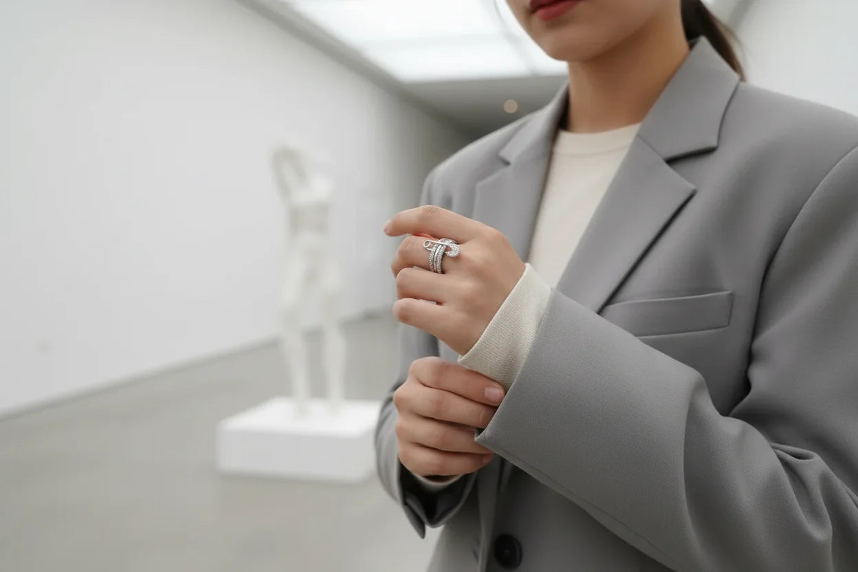 Silver Safety Pin Ring styled on hand with a grey blazer in a modern gallery setting, minimal white background with soft sculpture blur, elegant fashion lifestyle vibe | OriaJewel