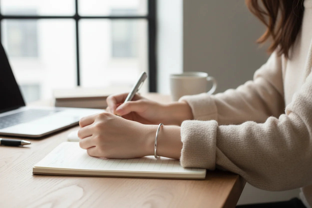 Woman writing in a notebook at a cozy desk with a laptop and coffee mug, the Silver twisted cuff bracelet adding a polished touch to her outfit | Oria Jewel