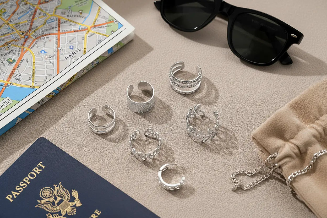 Silver 5-Piece Ear Cuff Set flat lay with passport, map, and sunglasses | OriaJewel