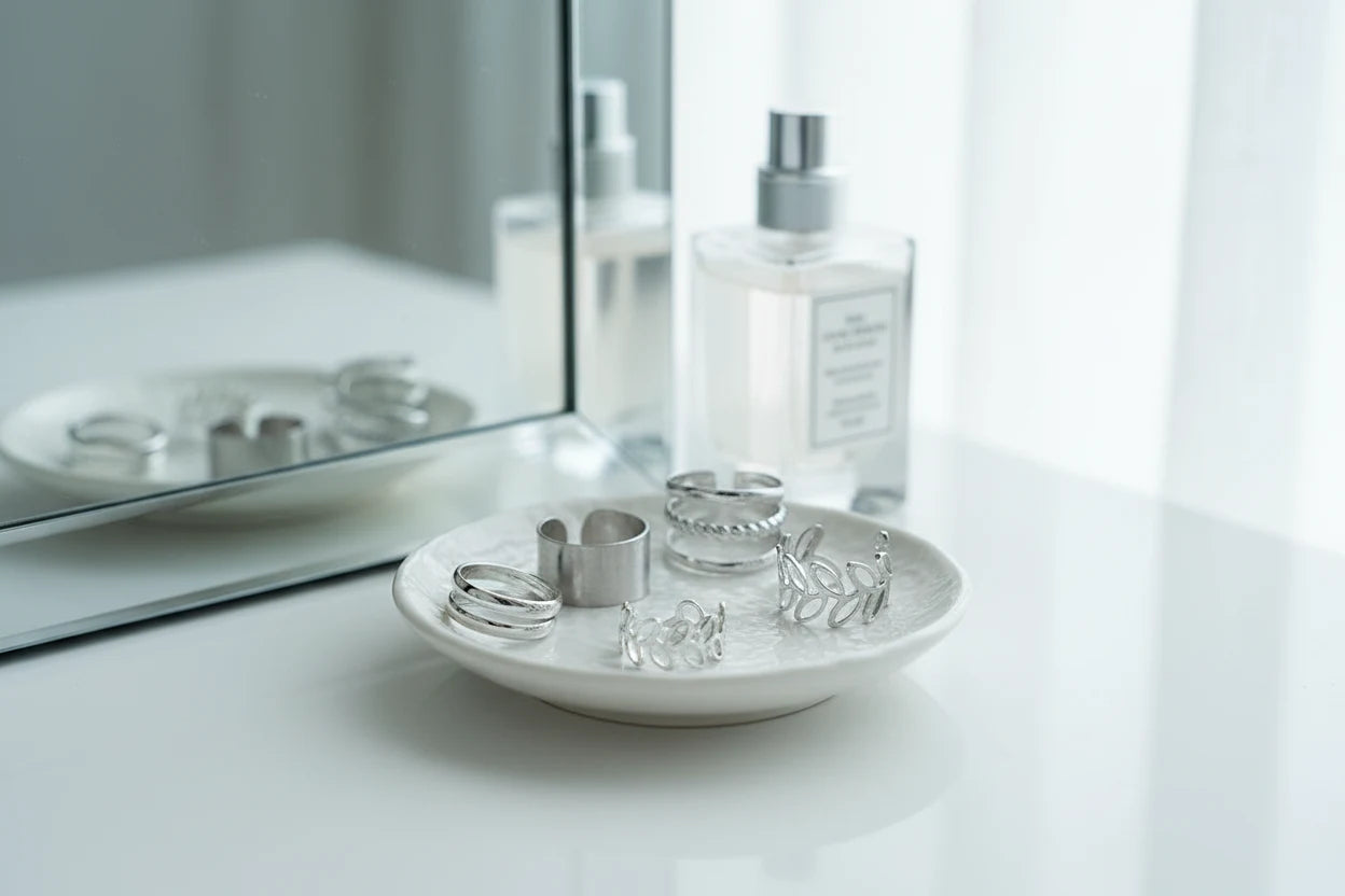 Silver 5-Piece Ear Cuff Set on vanity dish with mirror background | OriaJewel