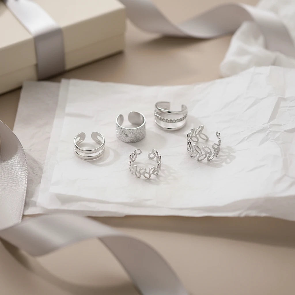 Silver 5-Piece Ear Cuff Set gift-style flat lay on tissue paper | OriaJewel